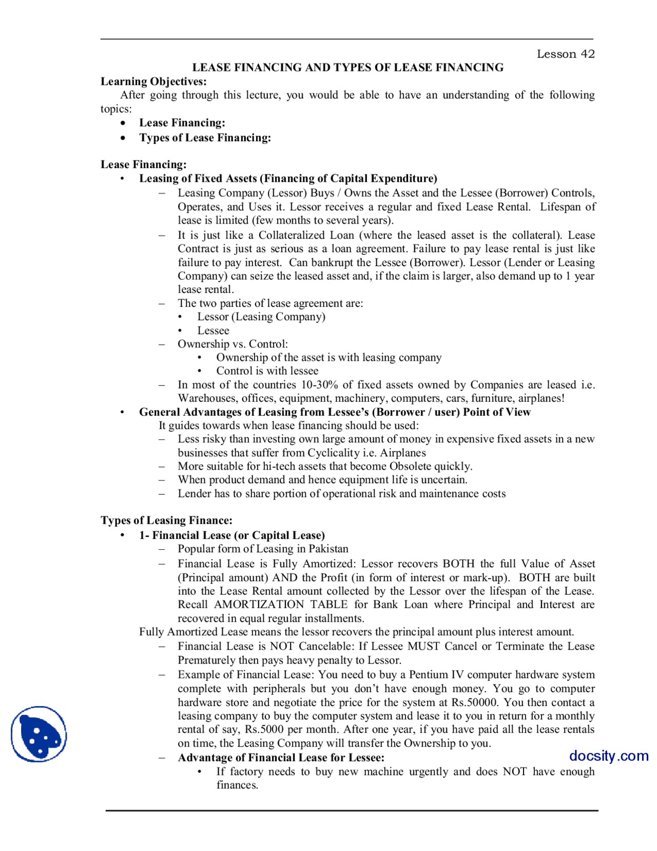 Profund Financing Handout.pdf Lease Financing And Type Of Lease Financing-Financial Management ...
