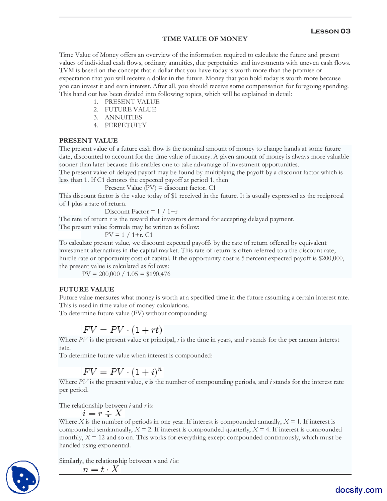 Lecture 3, Time Value of Money-Corporate Finance-Lecture Notes - Docsity