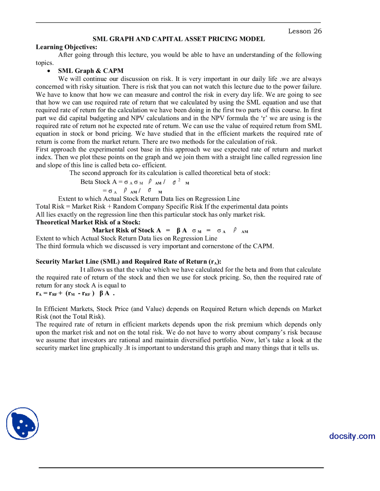 Sml Graph And Capital Asset Pricing Model-Financial Management-Handouts ...