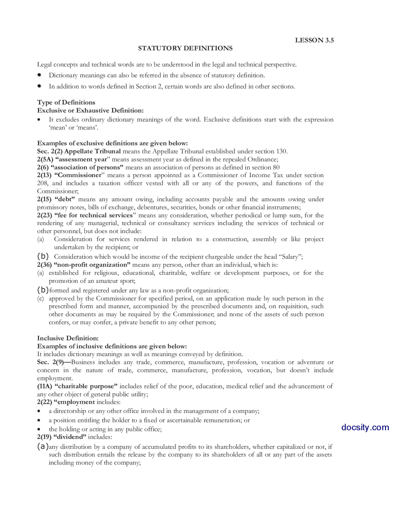 Statutory DefinitionsTaxation ManagmentLecture Notes Docsity