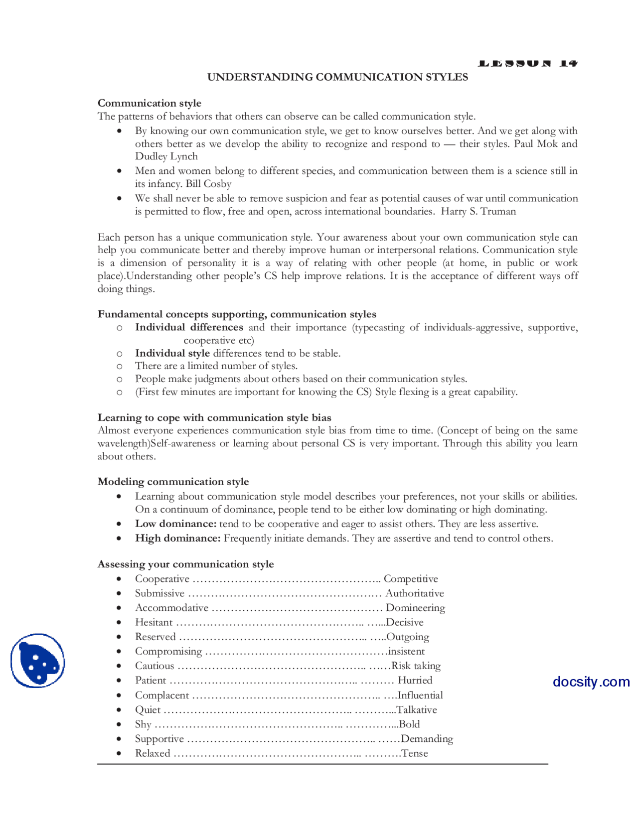 Communication Style Notes Sheet.pdf Understanding Communication Styles-Human Relation-Lecture Notes | Study ...