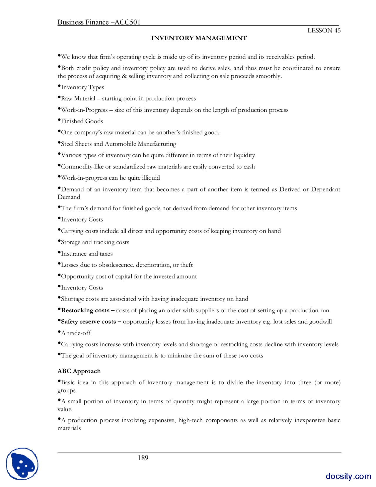 Inventory Management Lessons Lesson 45, Inventory Management-Business Finance-Lecture Notes - Docsity