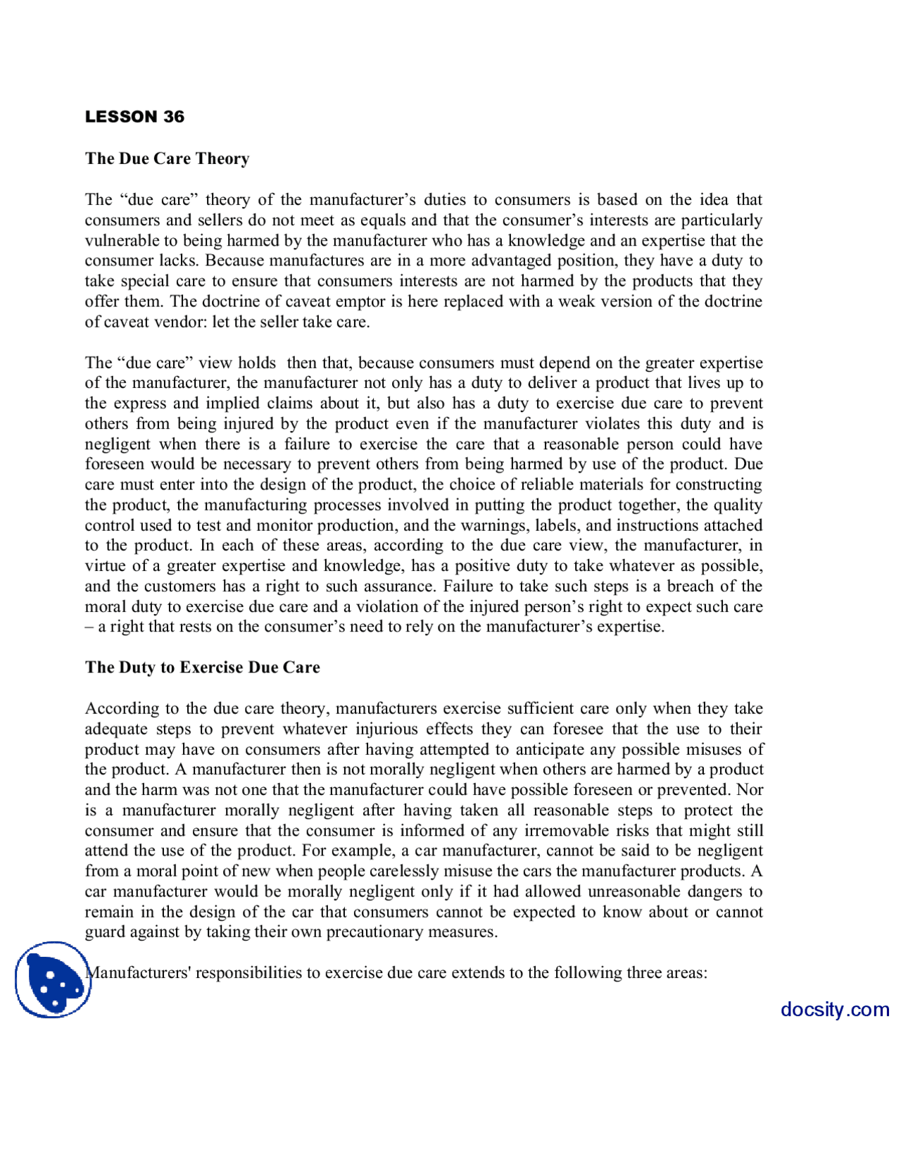 Due Care Theory-Business Ethics-Lecture Notes | Study notes Business ...