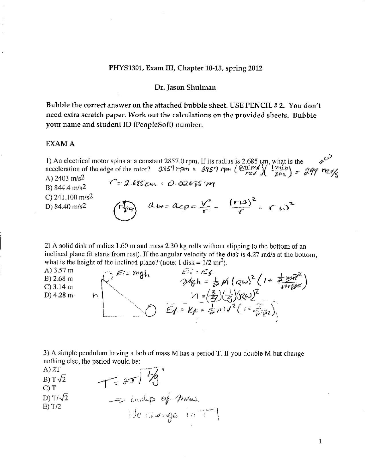 Exam III Solutions for Introductory General Physics I | PHYS 1301 - Docsity