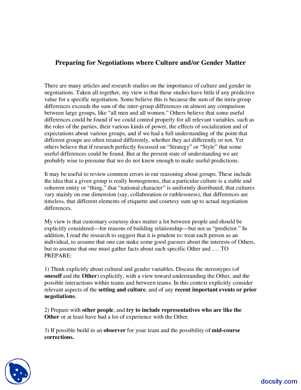Preparing For Negotiations Where Culture And Or Gender Matter-Confilict ...
