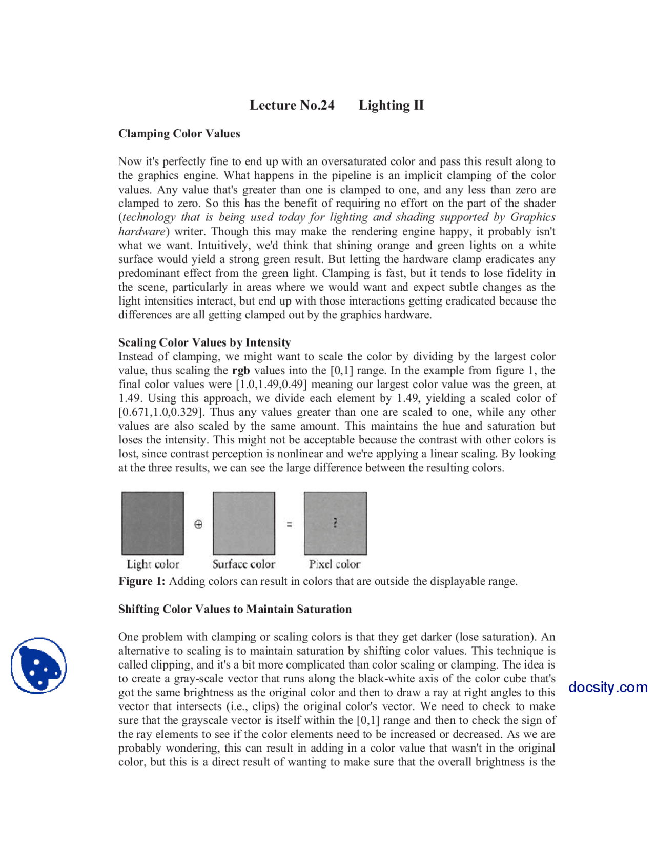 Light Intensity Computer Practical Lighting 2-Computer Graphics-Lecture Notes - Docsity