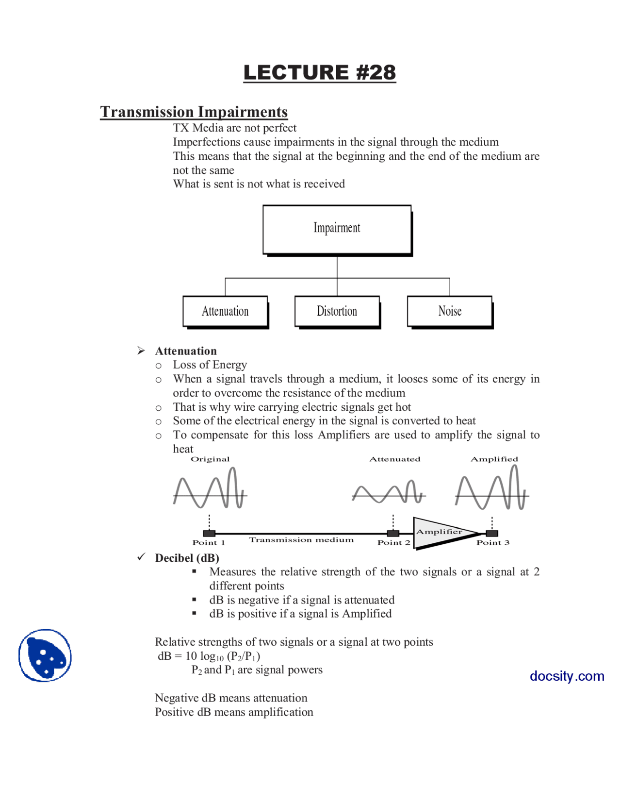 Transmission ImpairmentsData CommunicationLecture Notes Docsity