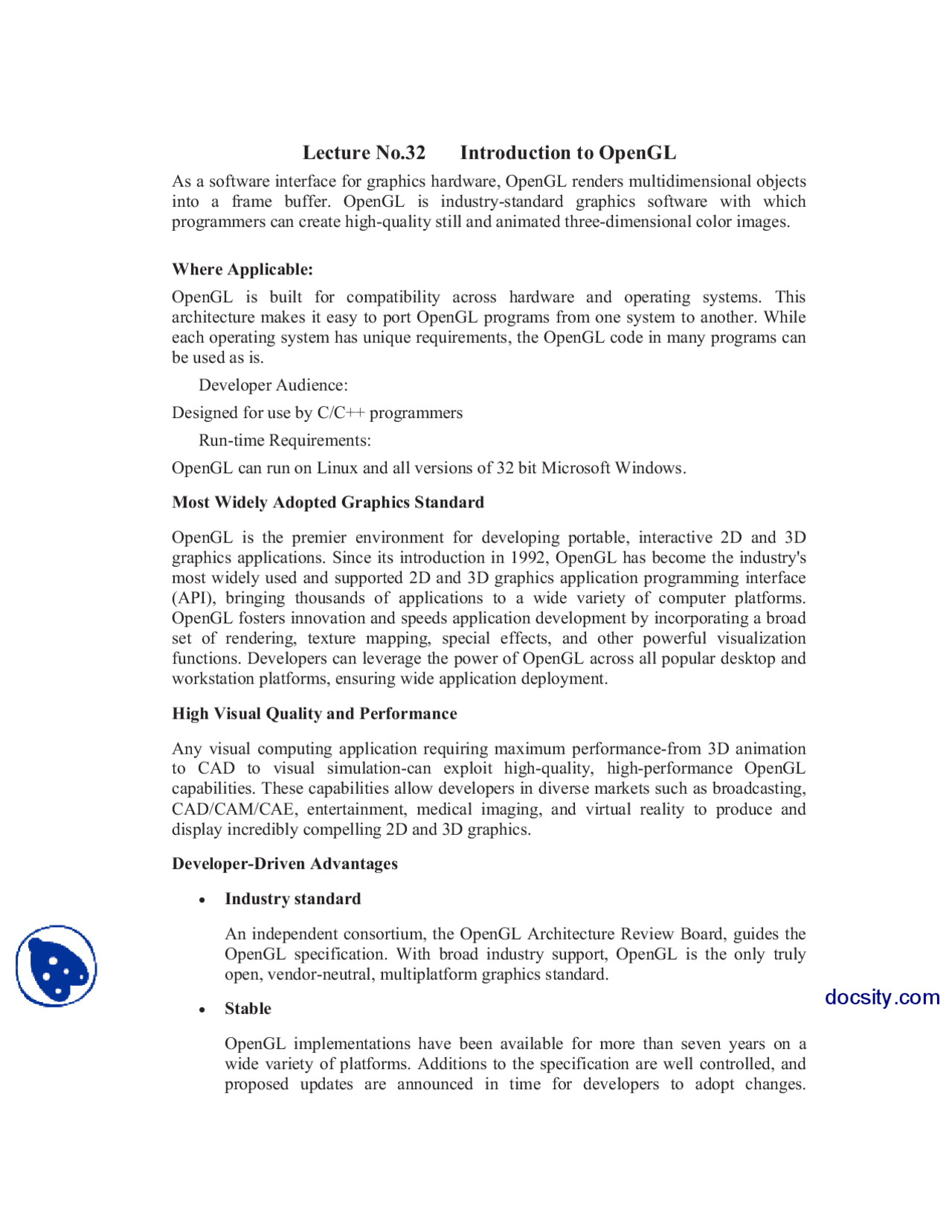 Introduction To Opengl-Computer Graphics-Lecture Notes - Docsity