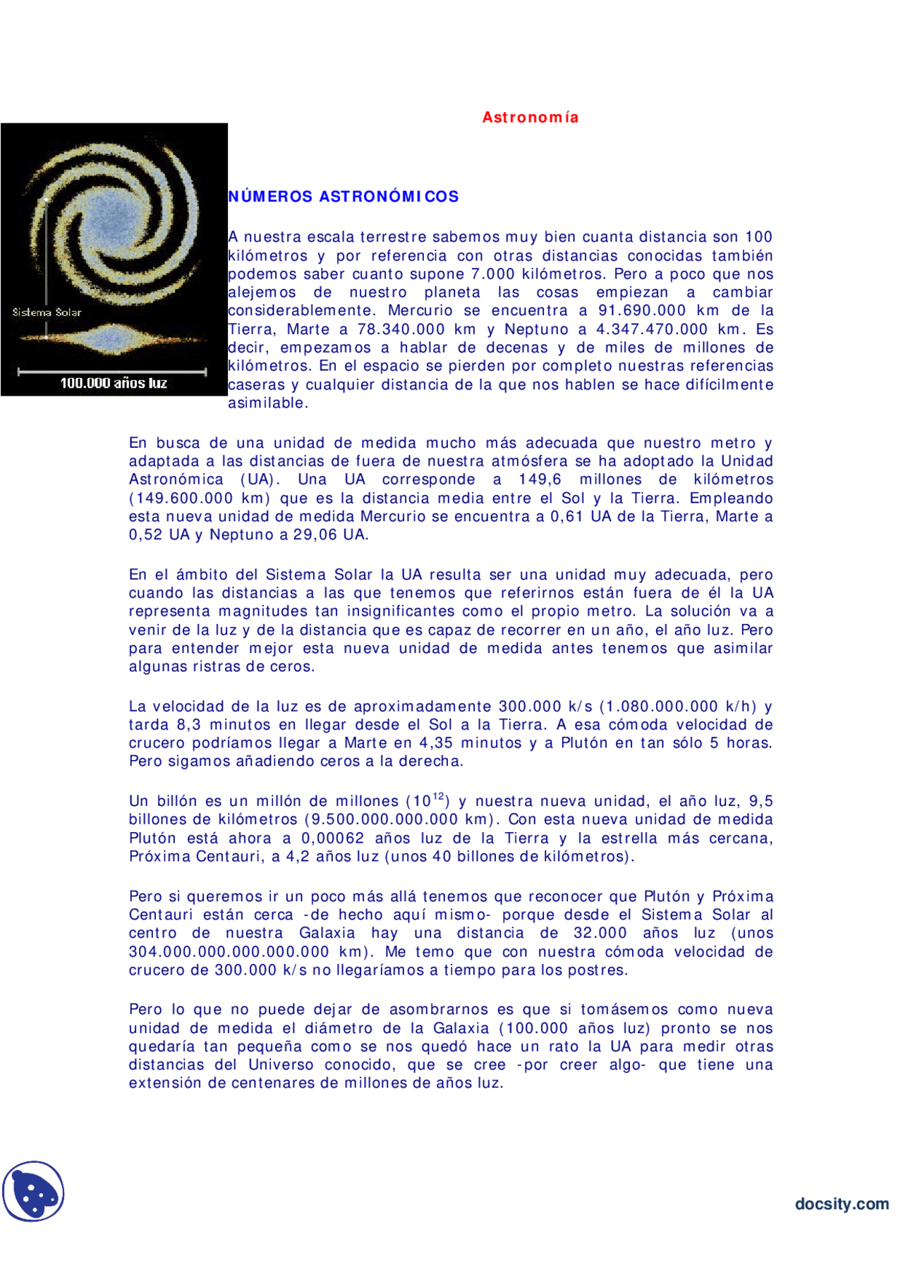 Cuanto Tarda La Luz Del Sol En Llegar A Marte Números Astronómicos - Apuntes - Astronomía - Docsity