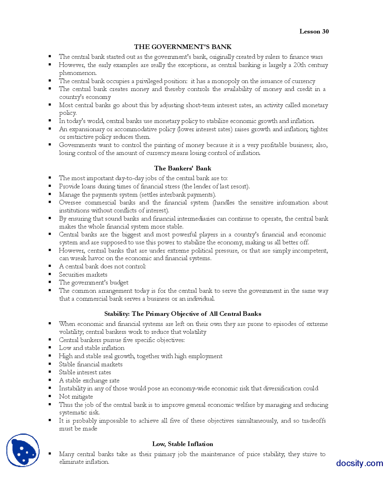 The Government's BankMoney and BankingHandouts Docsity