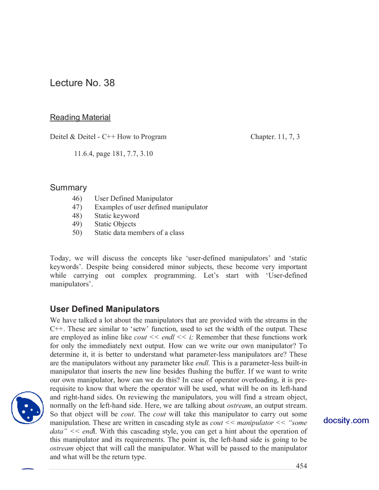 User Defined Manipulators-Introduction To Programming-Lecture Notes ...