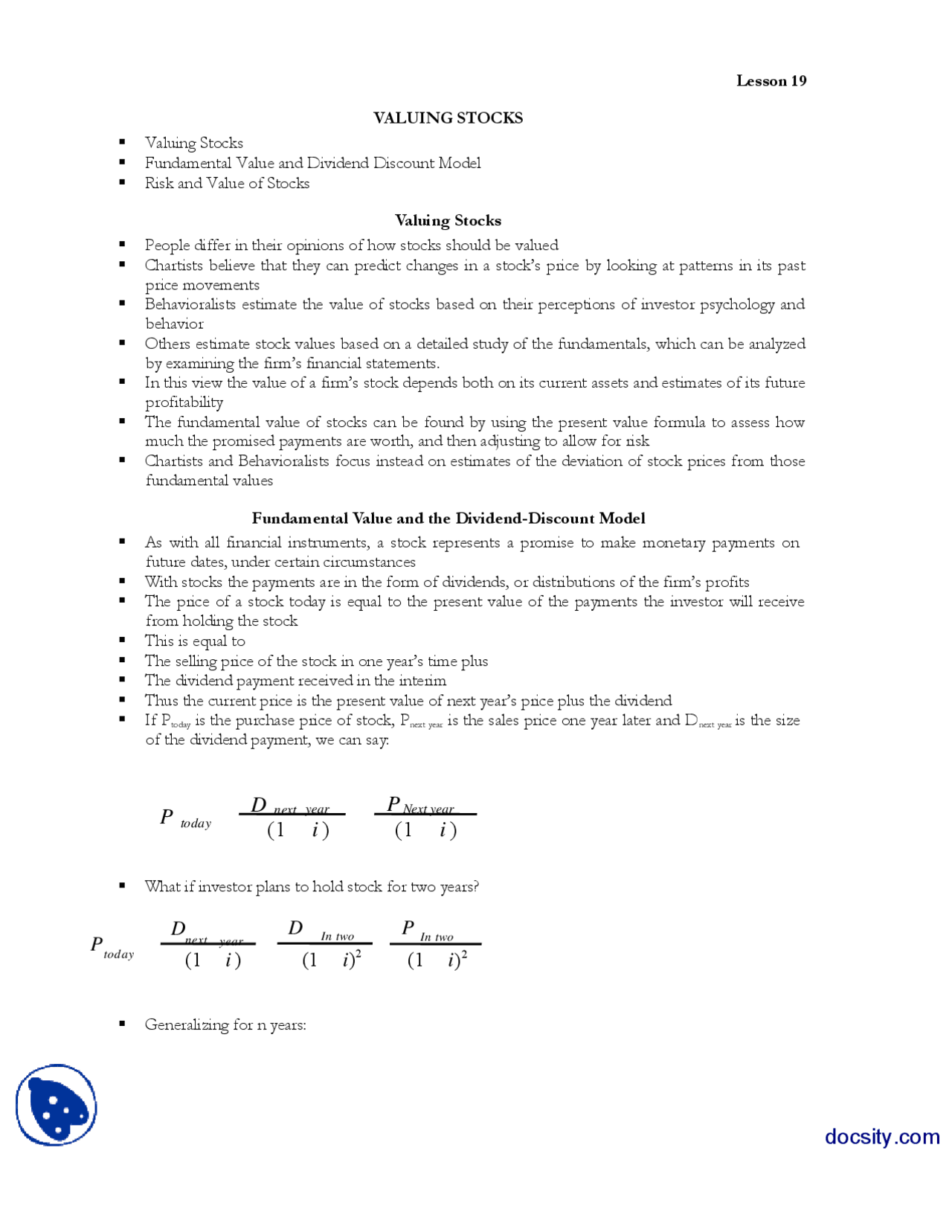 Valuing StocksMoney and BankingHandouts Docsity