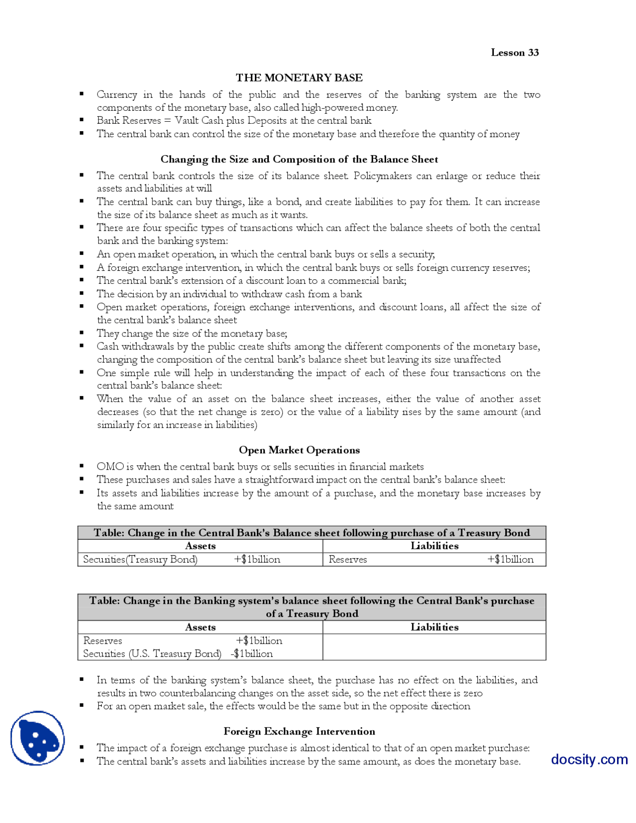 The Monetary Base-Money and Banking-Handouts - Docsity