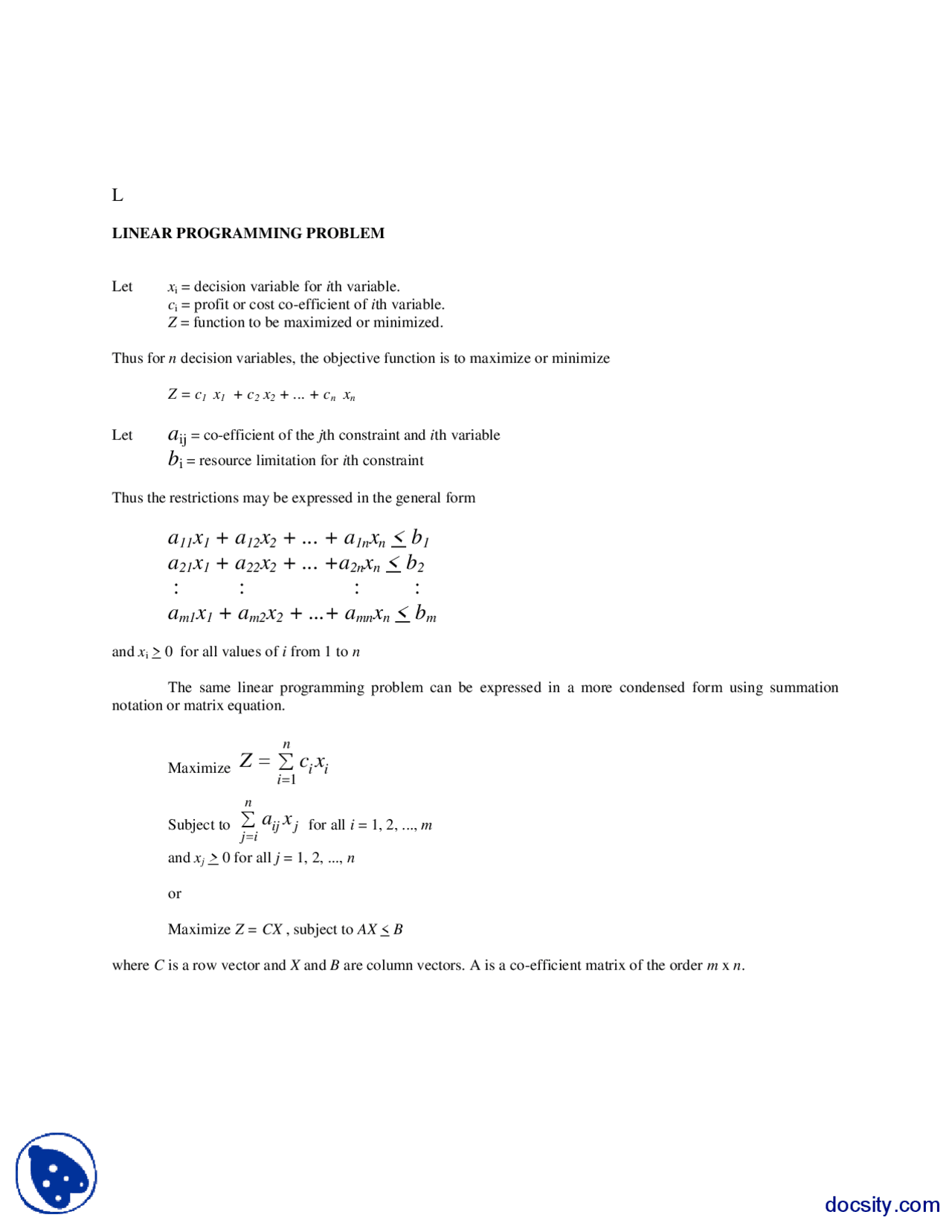Linear Programming Problem-Operation Research-Handouts - Docsity