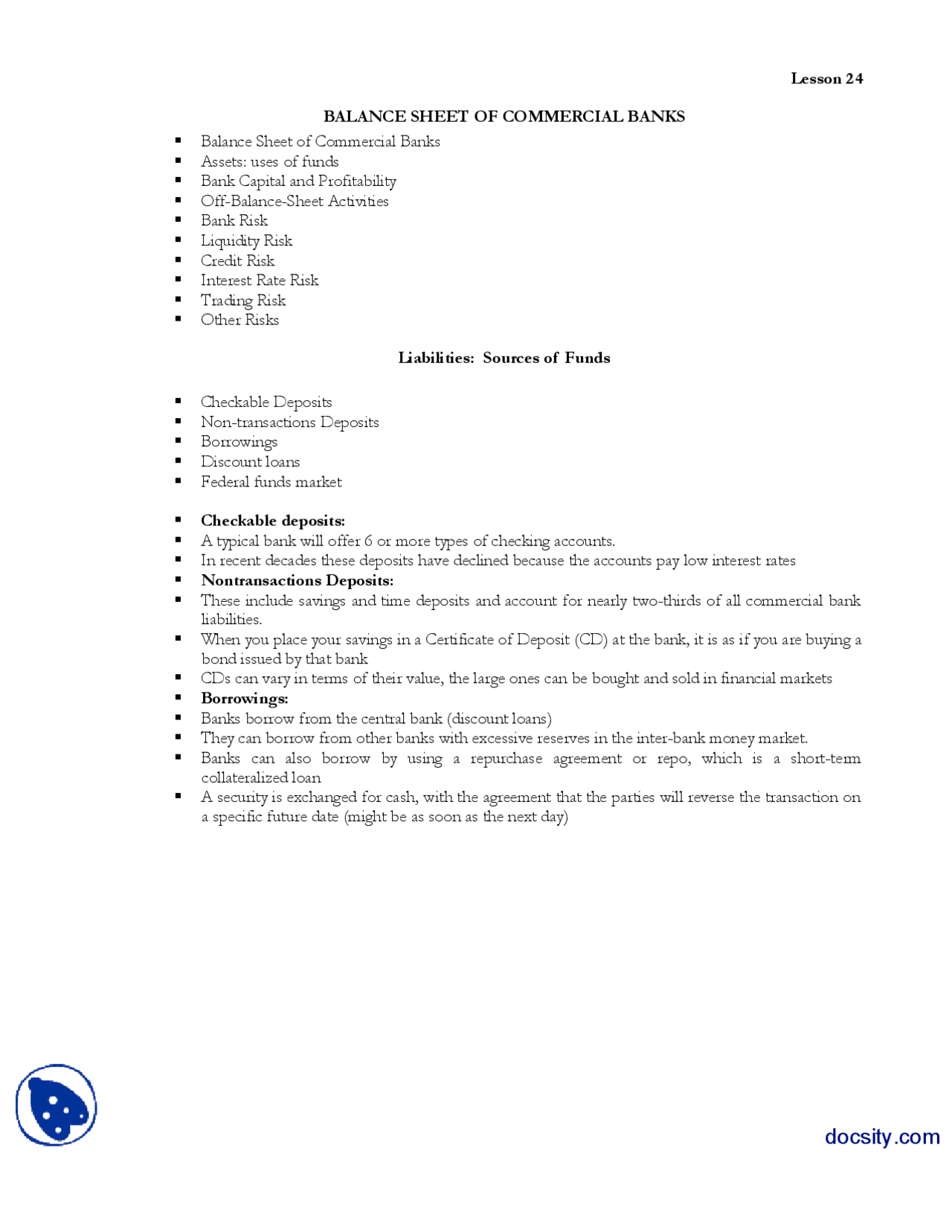 Balance Sheet Of Commercial BanksMoney and BankingHandouts Docsity