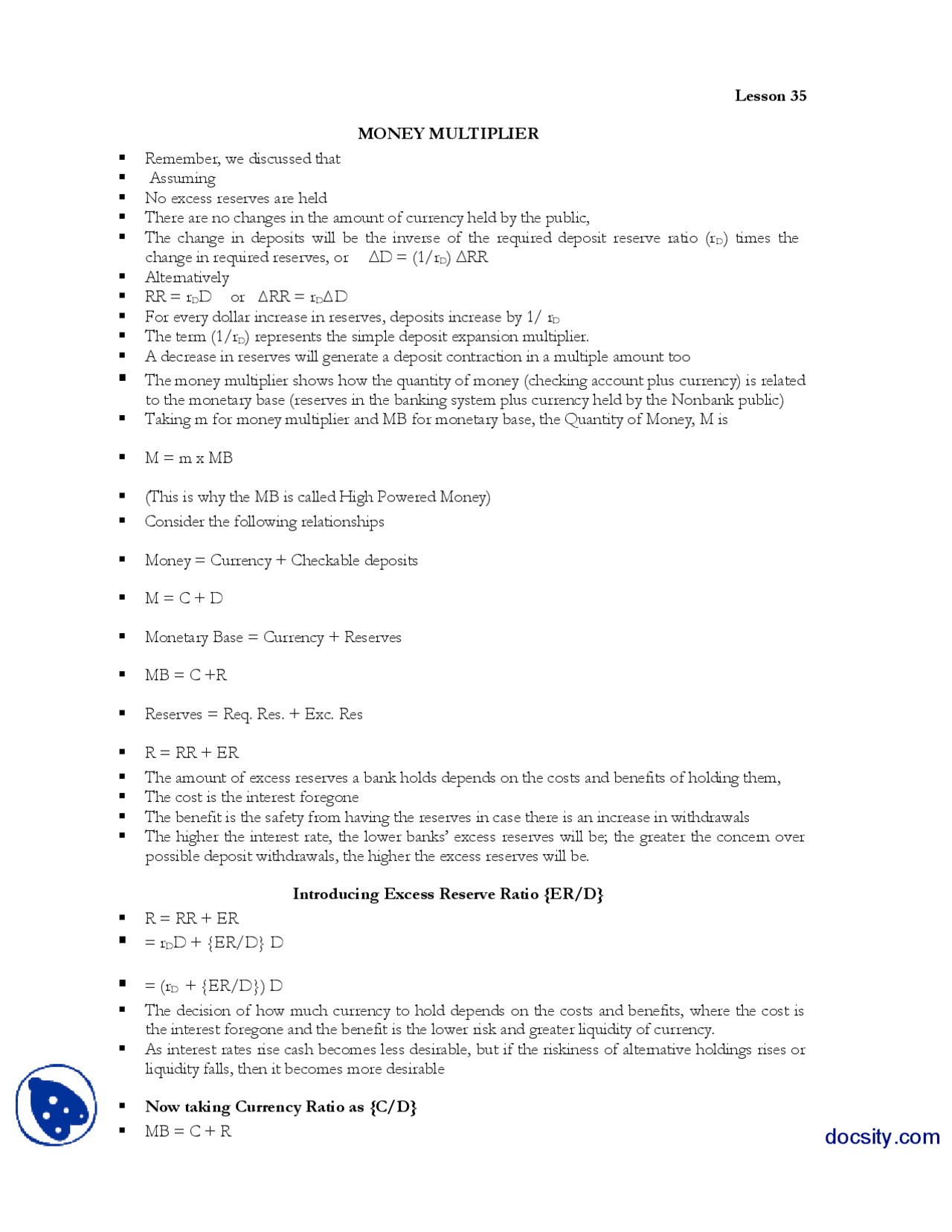 Money MultiplierMoney and BankingHandouts Docsity