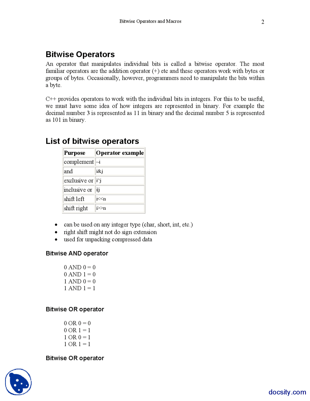 Bitwise Operators-Windows Programming-Lecture Notes - Docsity