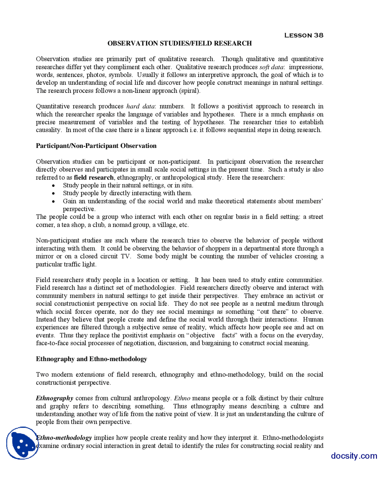 Observation Studies Field Research-Research Methods-Handouts - Docsity