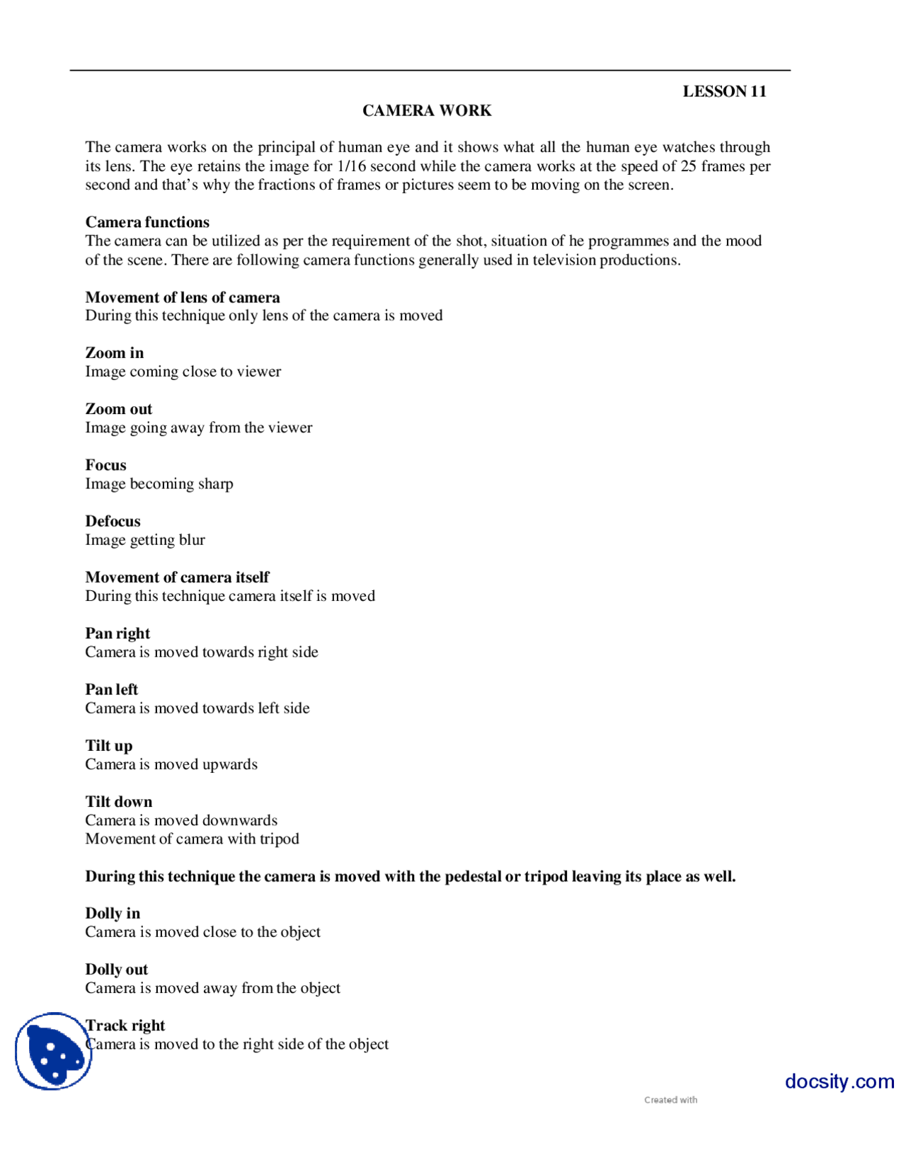 Camerawork-Reporting and Production-Handouts - Docsity