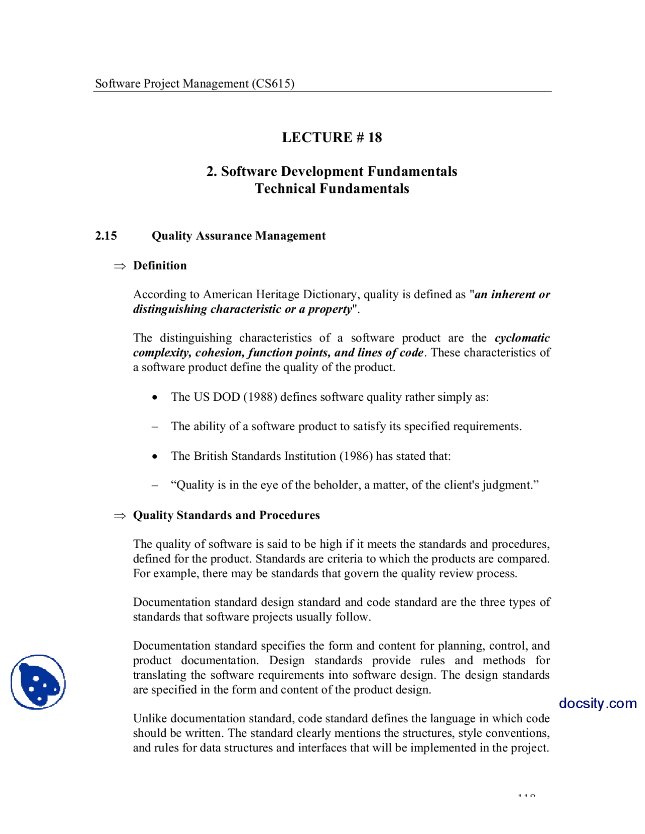 Quality Assurance Management Software Product Characteristics Docsity