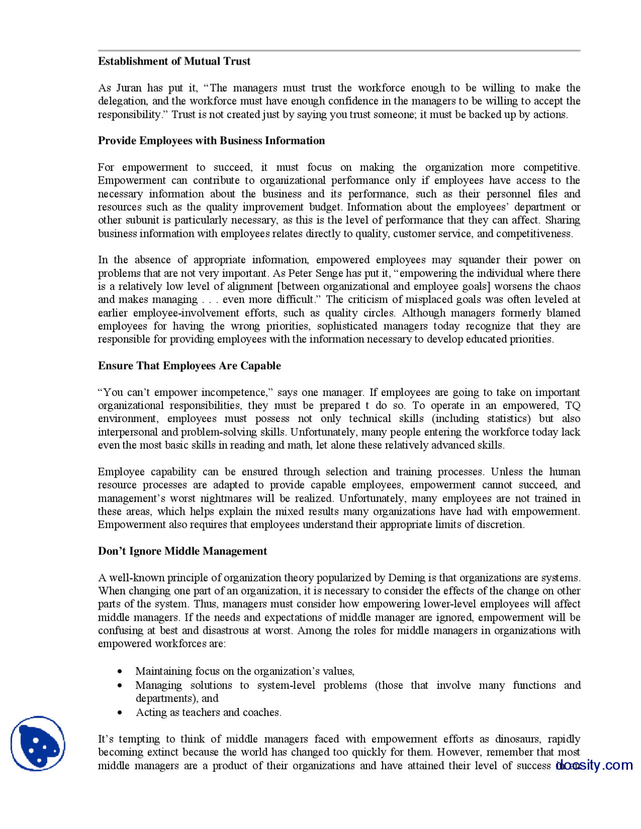 Establishment Of Mutual Trust Total Quality Managment Handouts Docsity