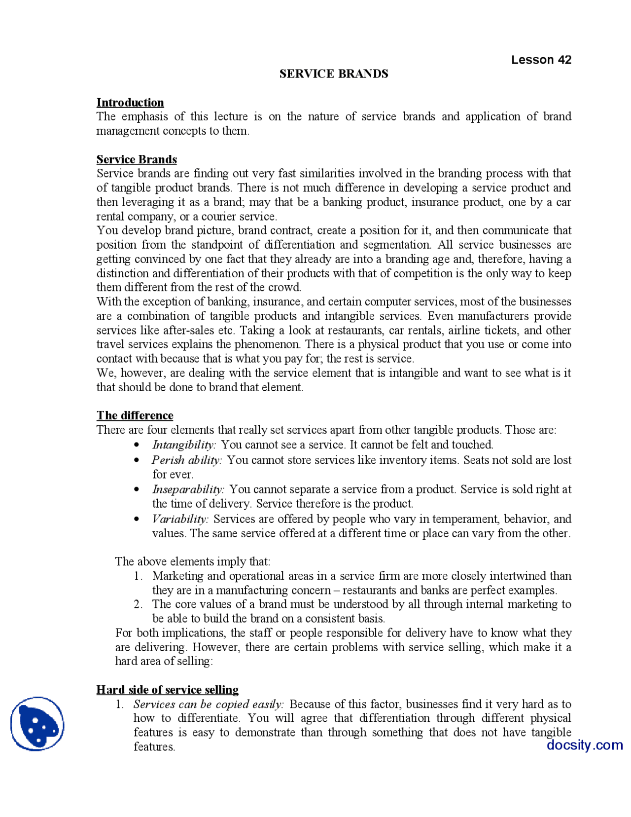 Service Brands-Brand Management-Lecture Handout - Docsity