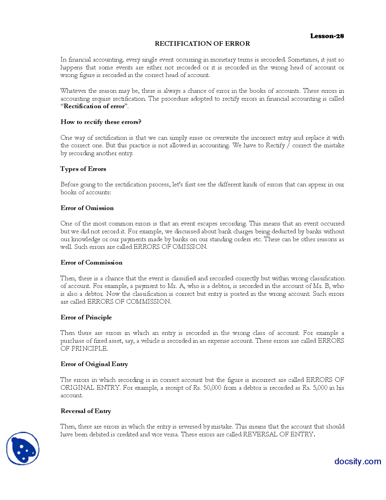 Rectification of Error-Financial Accounting-Lecture Handout - Docsity