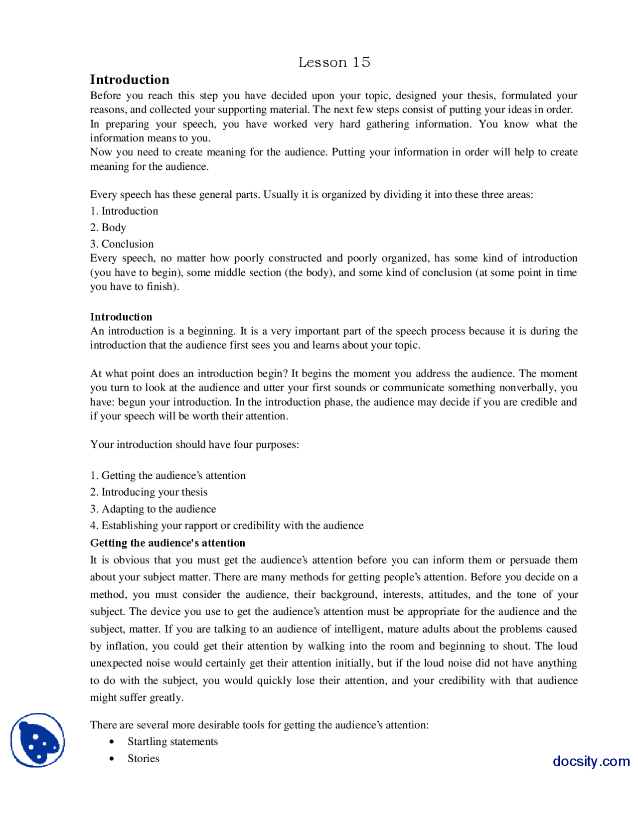 Introduction Hand Out Introduction-Communication Skills-Lecture Handout - Docsity