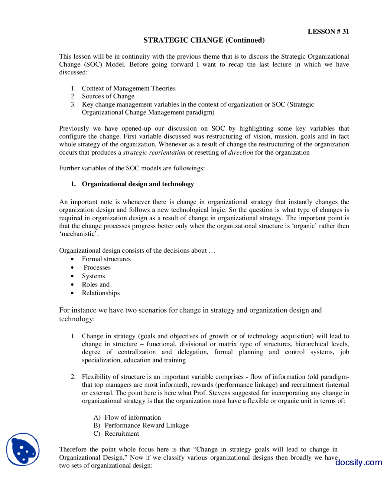 Strategic Change Part 4-Change of Management-Lecture Handout - Docsity