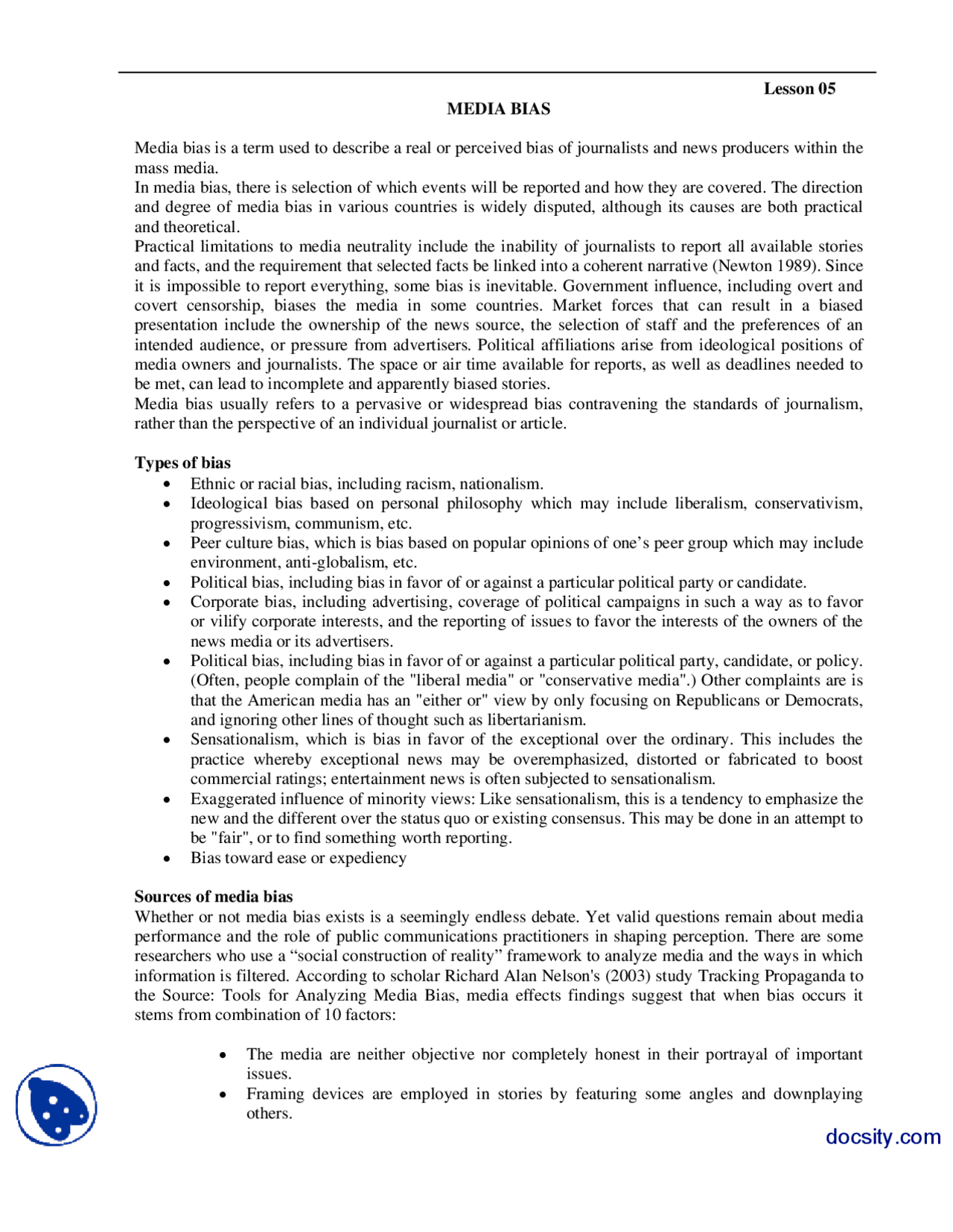 Media Bias-Media Managment-Handouts - Docsity