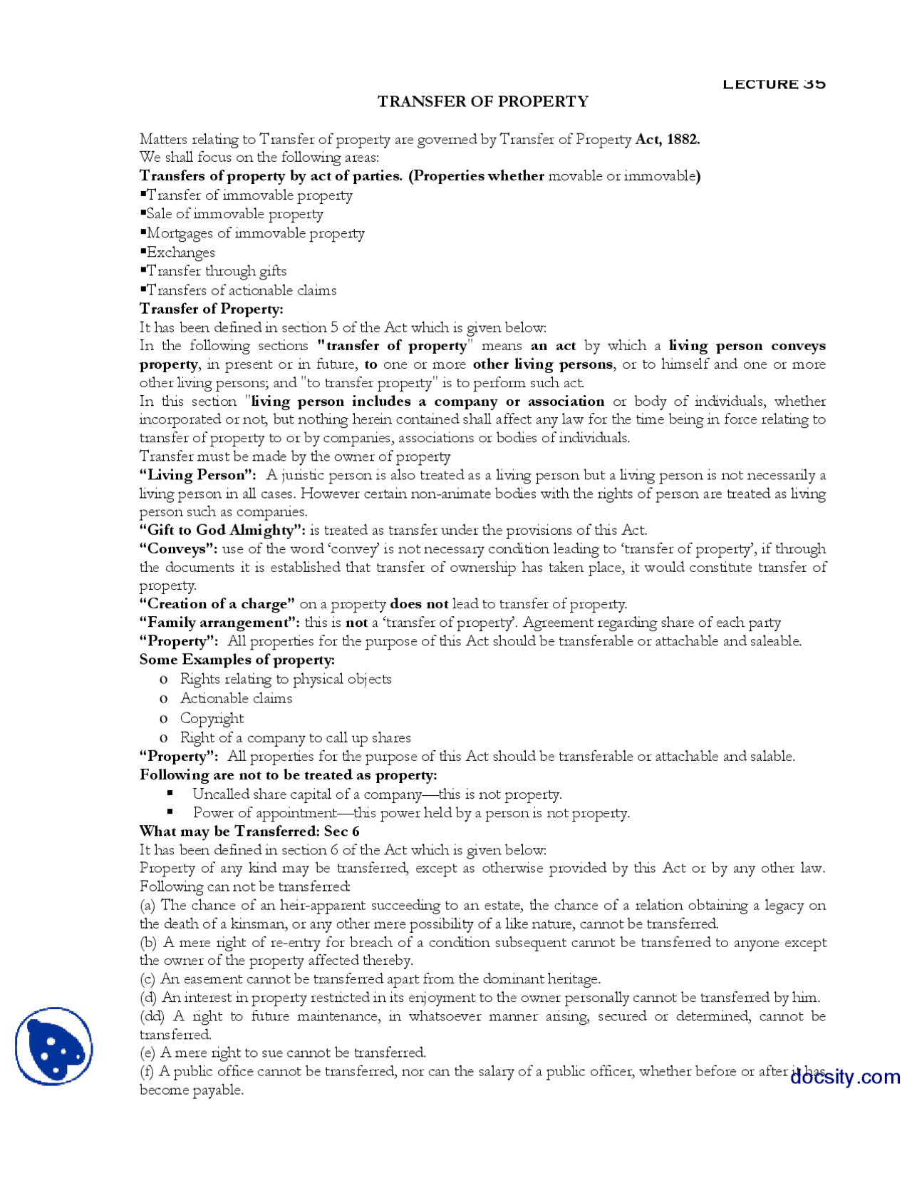 Transfers of Property-Business and Labour Law-Lecture Handout - Docsity