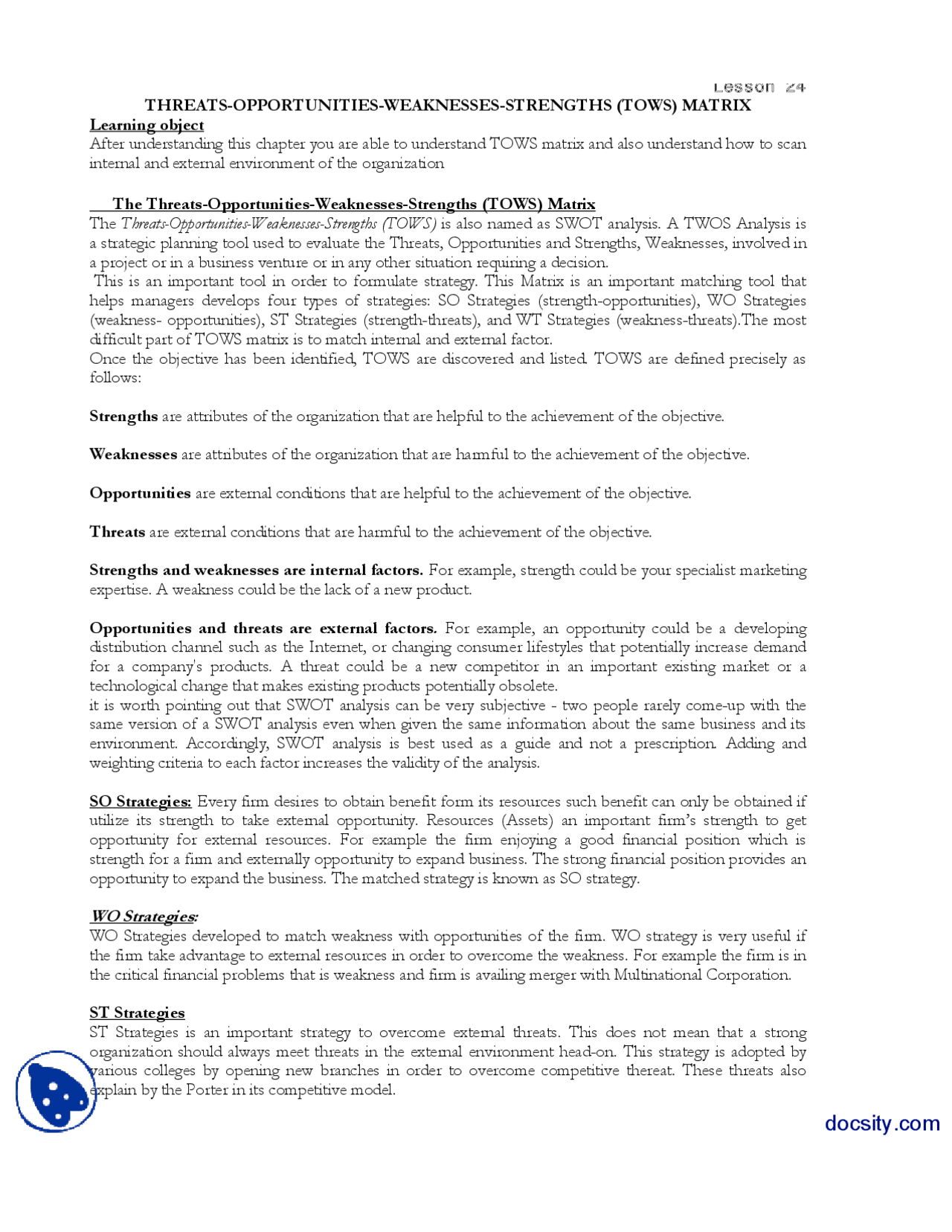 TOWS Matrix-Strategic Management-Lecture Handout | Exercises Strategic  Management | Docsity