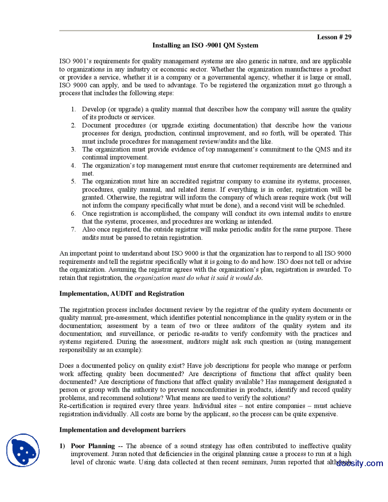 Installing An Iso 9001 Qm System-Total Quality Managment-Handouts - Docsity