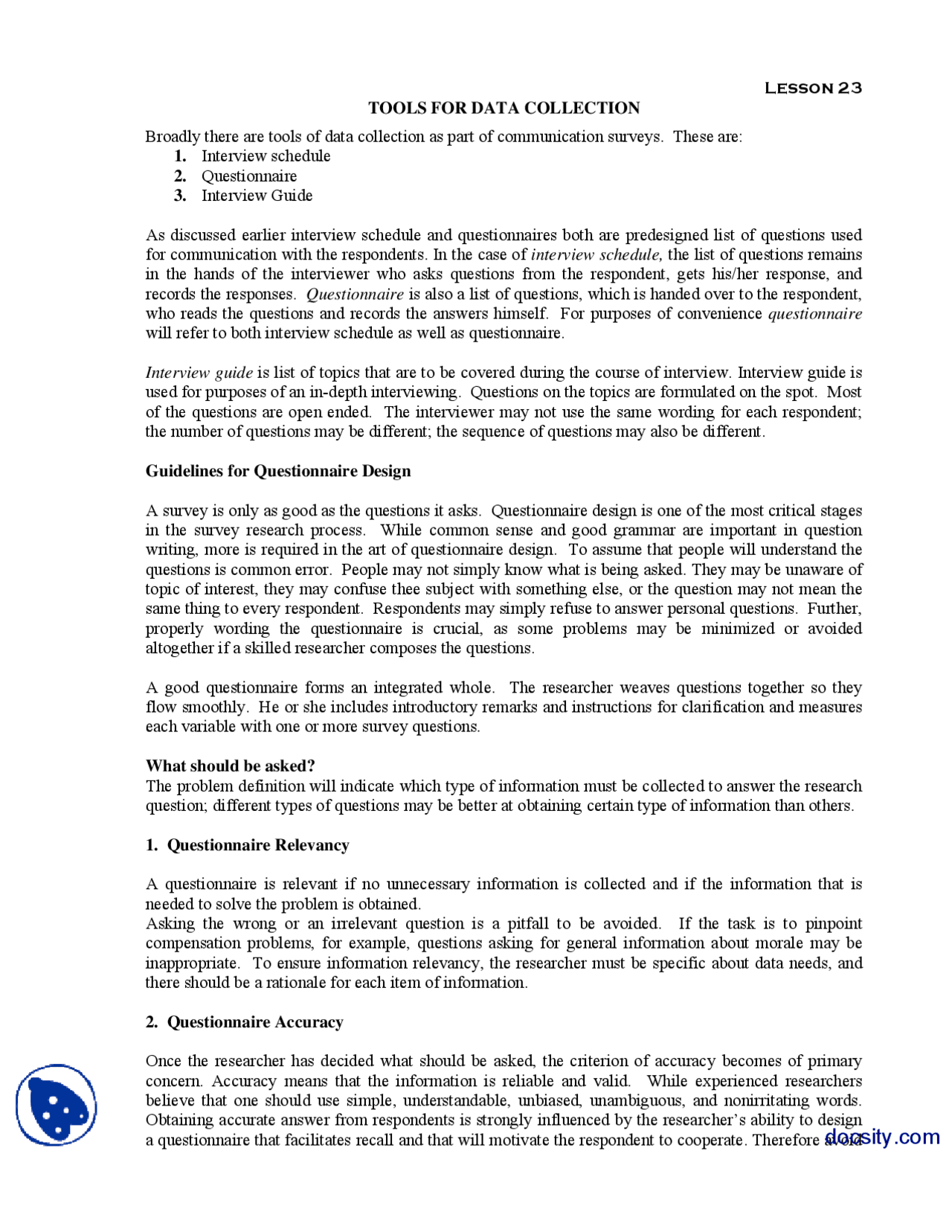 Checklist Data Collection Method Tools For Data Collection-Research Methods-Handouts - Docsity