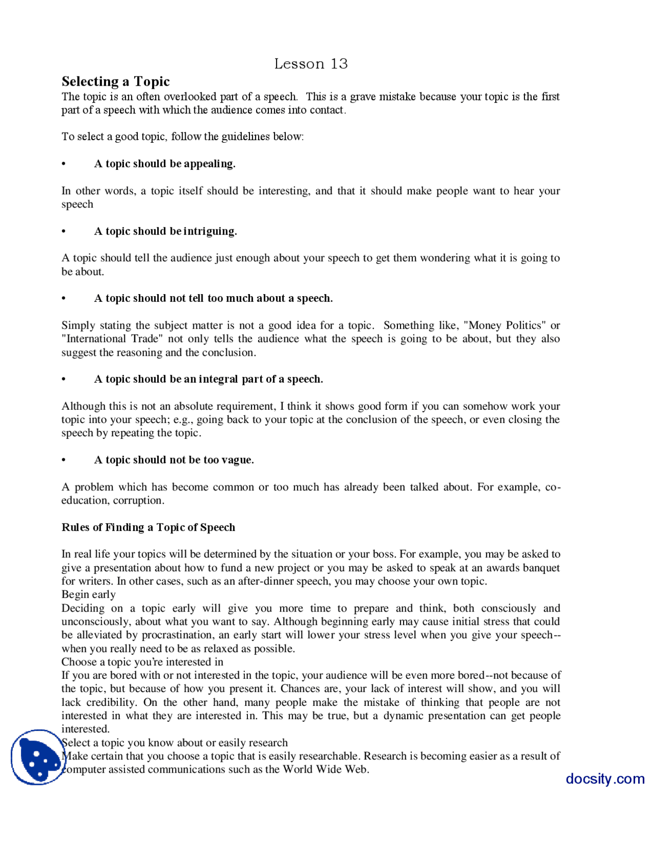 Selecting a Topic-Communication Skills-Lecture Handout - Docsity