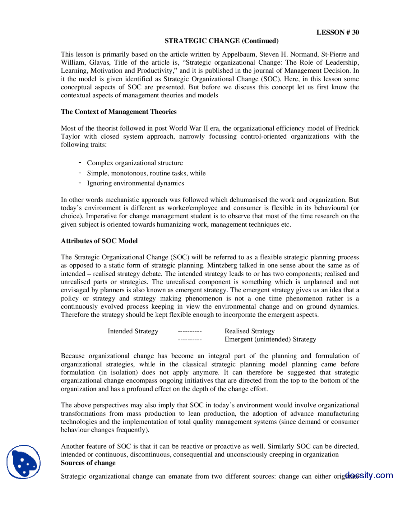 Strategic Change Part 3-Change of Management-Lecture Handout - Docsity