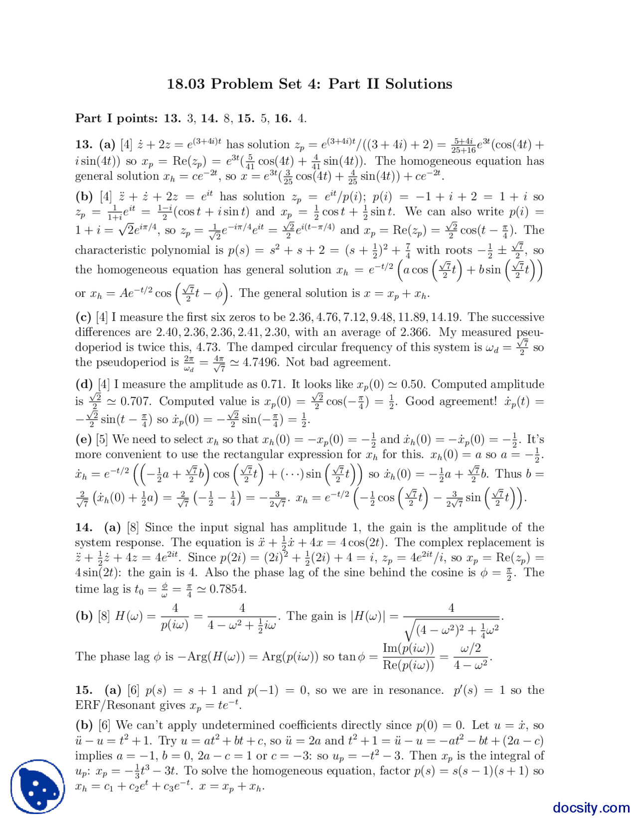 Problem Set 4, Complex FunctionsDifferential EquationsAssignment