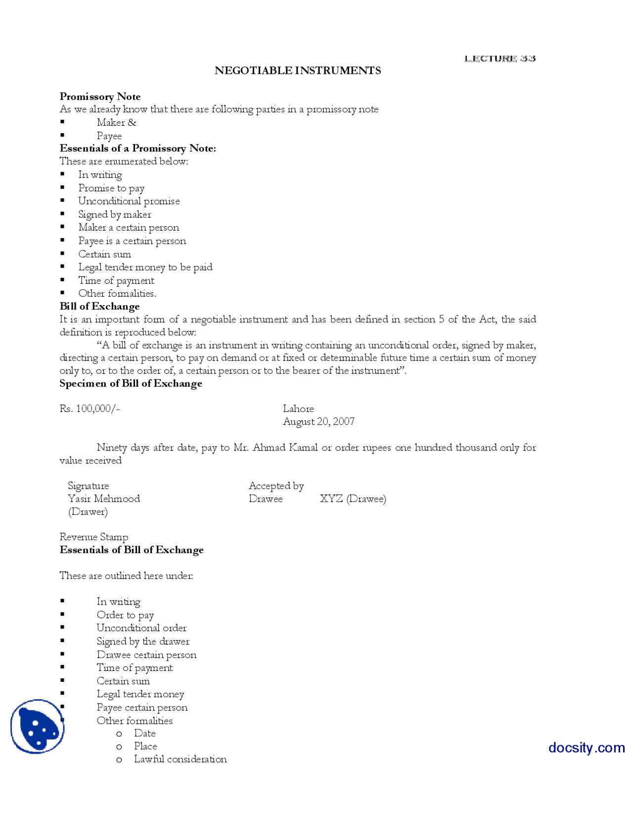 Compulsory Note Promissory Note-Business and Labour Law-Lecture Handout - Docsity