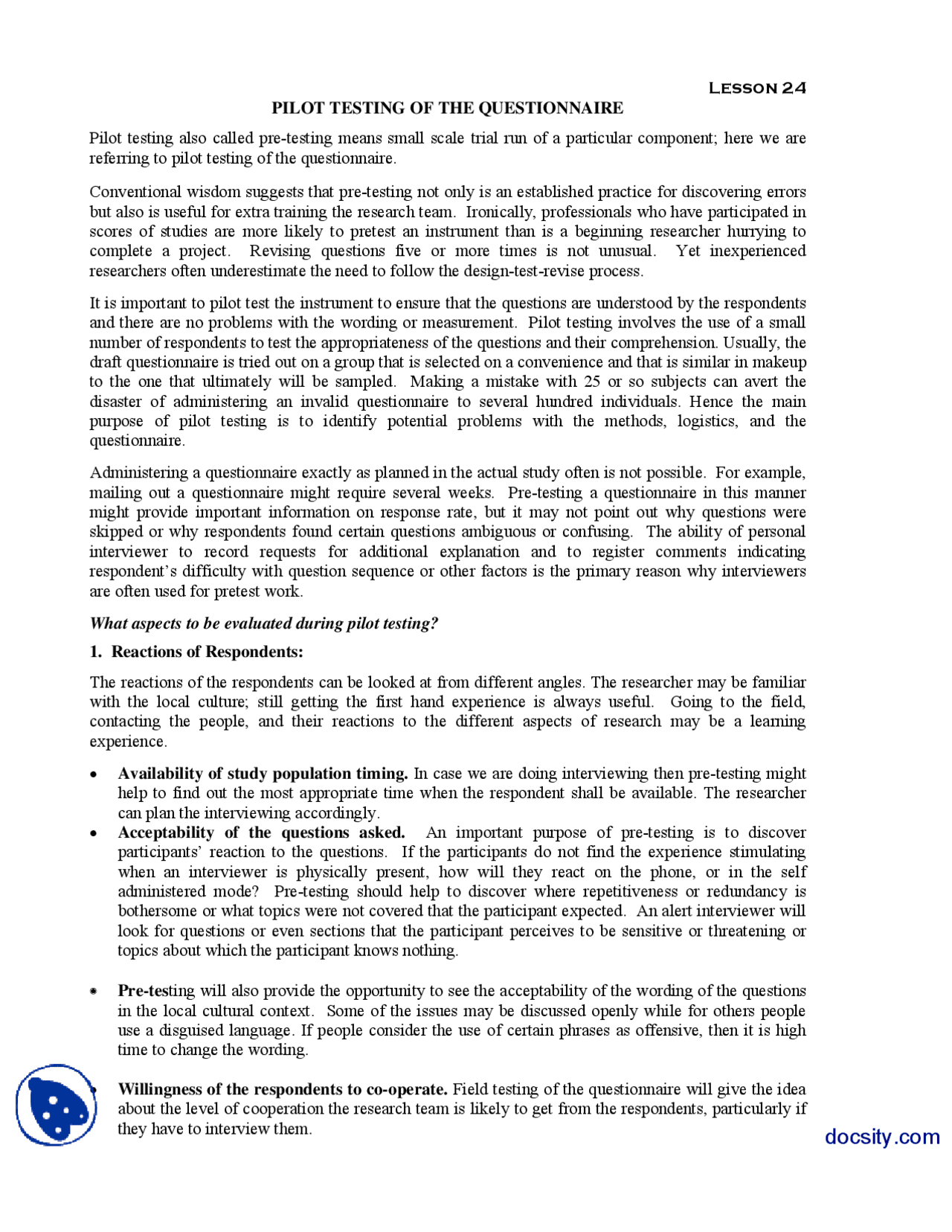 Pilot Study Questionnaire Sample Pilot Testing Of The Questionnaire-Research Methods-Handouts - Docsity