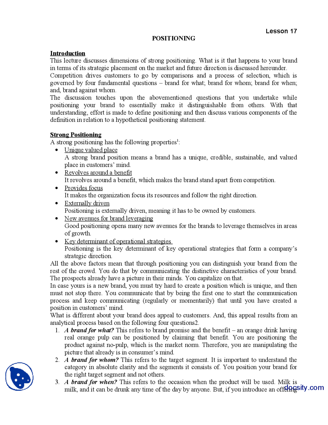 Positioning Part 1-Brand Management-Lecture Handout - Docsity