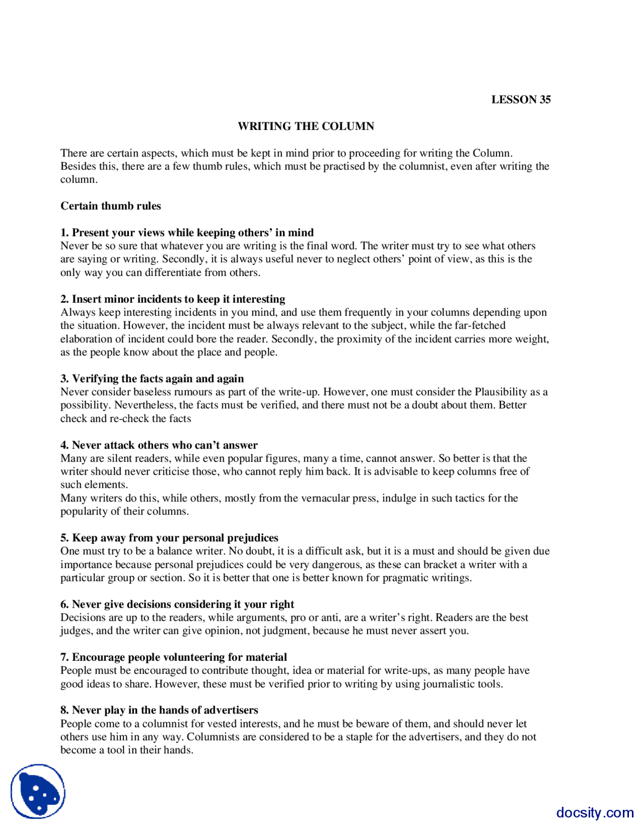 Writing the Columns-Feature and Coloumn Writing-Lecture Handout - Docsity