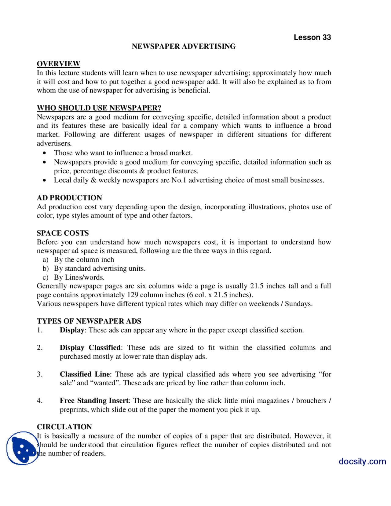 Advertisement Compus Newes Paper.pdf News Paper Advertising-Advertising and Promotion-Lecture Handout - Docsity