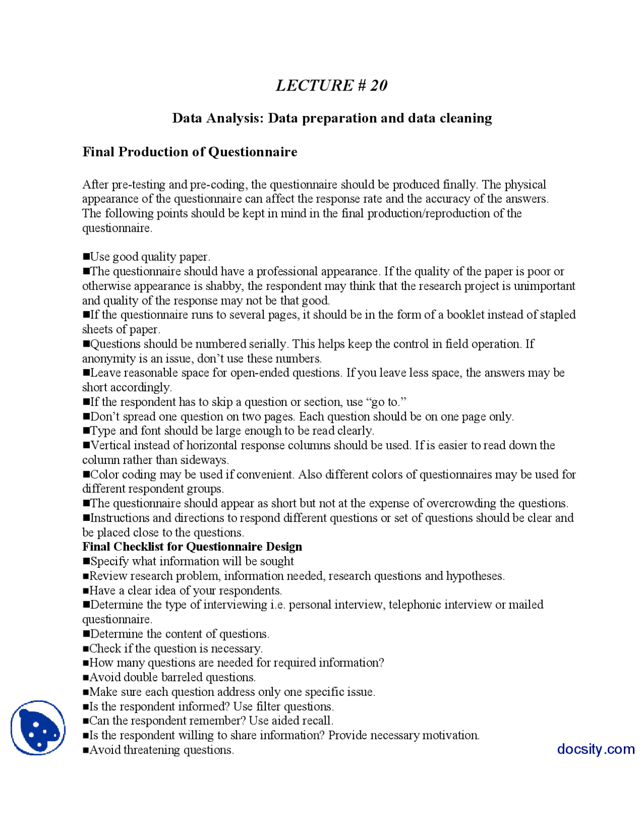 Data Handouts Data Analysis-Marketing Research-Lecture Handout - Docsity