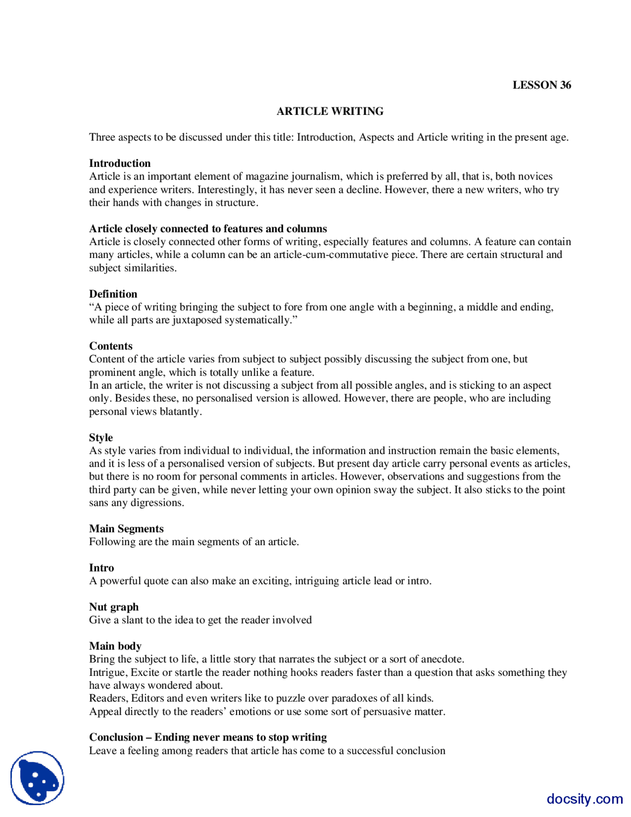 Article Writing-Feature And Coloumn Writing-Lecture Handout - Docsity