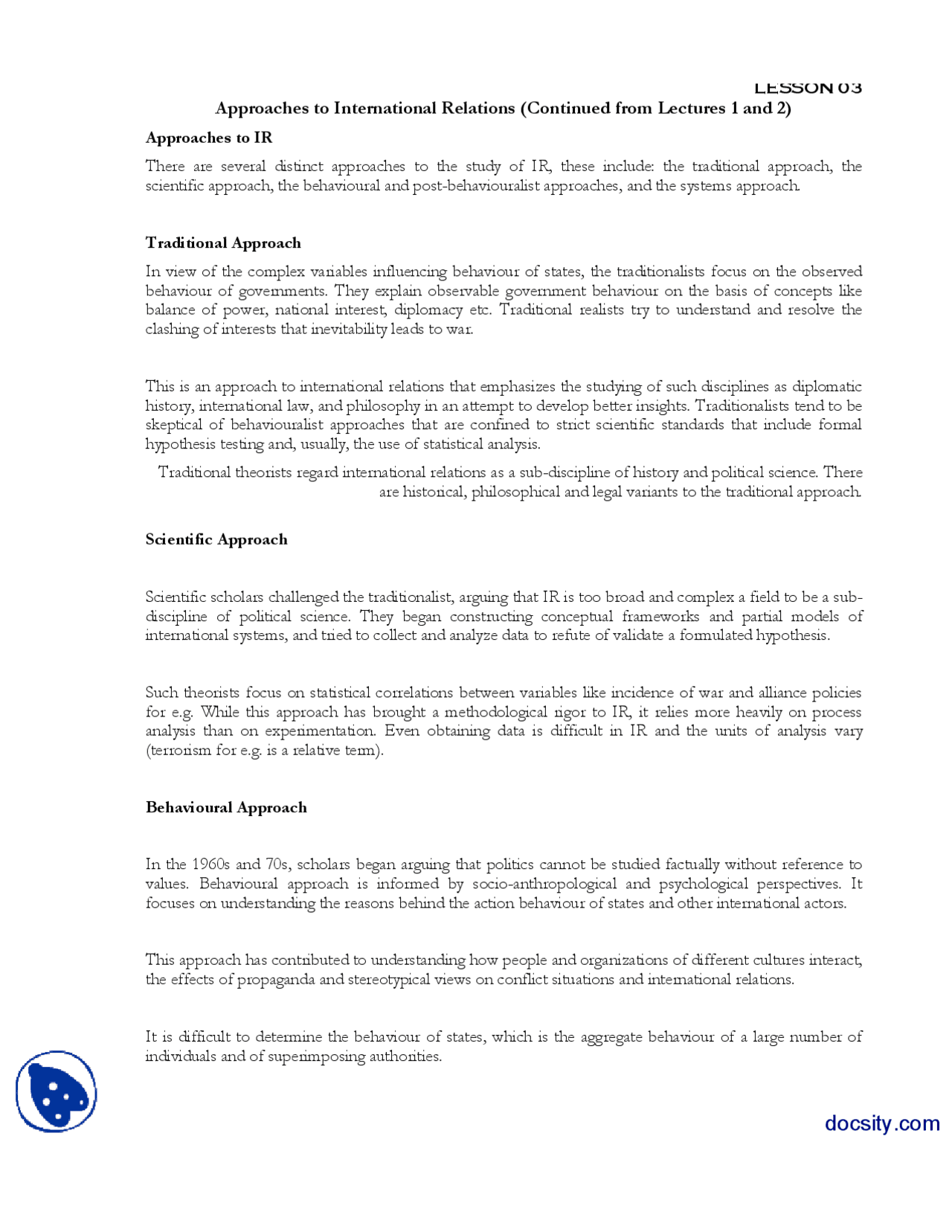 Approaches to International Relations (Continued from Lectures 1 and 2 ...