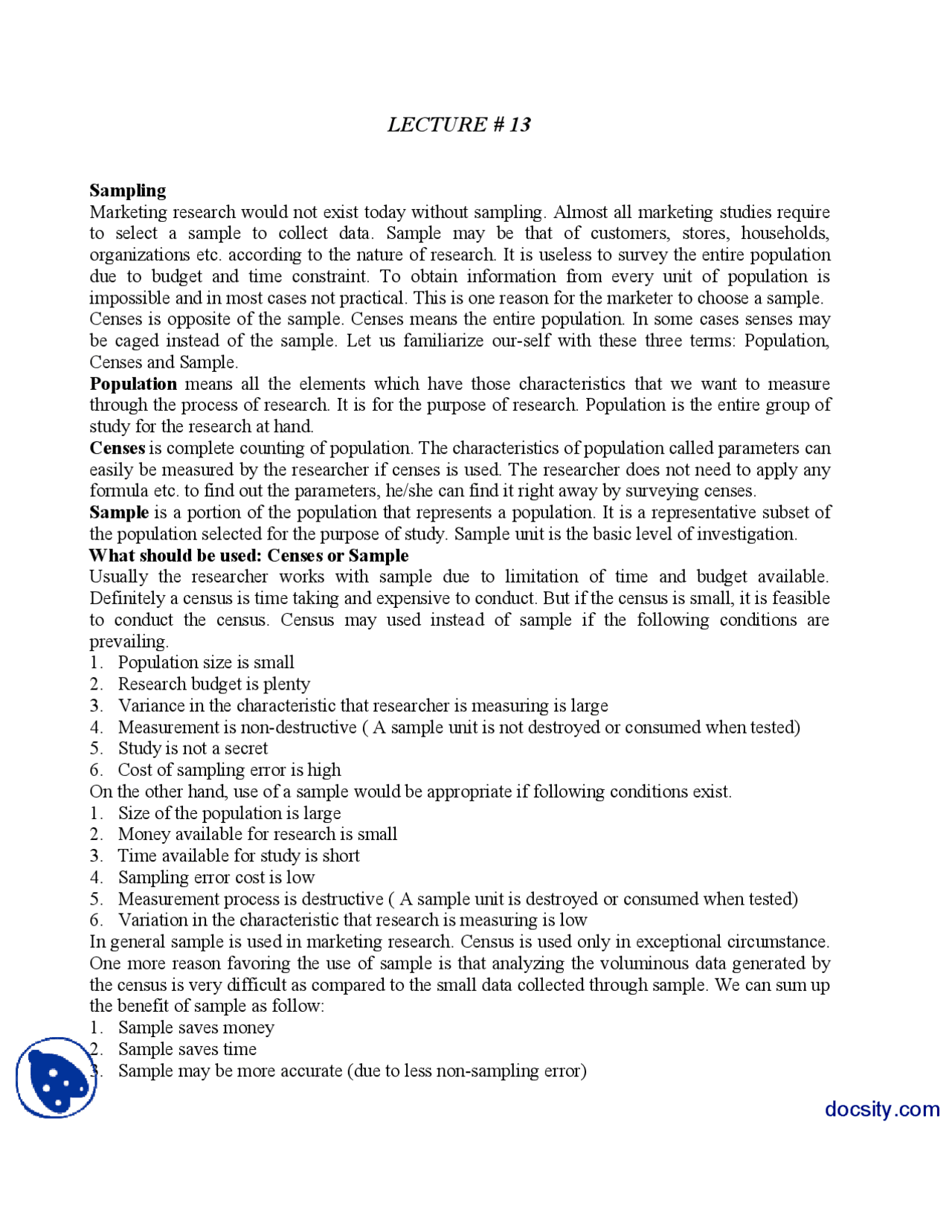 Sampling-Marketing Research-Lecture Handout - Docsity