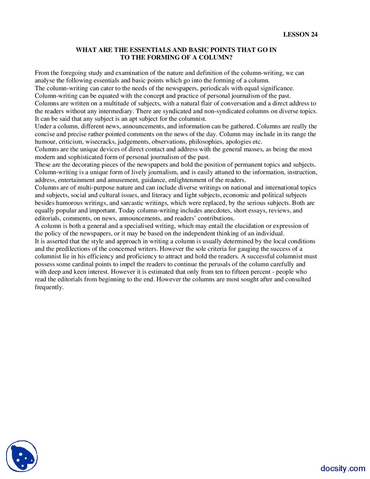 Forming a Column-Feature and Coloumn Writing-Lecture Handout - Docsity