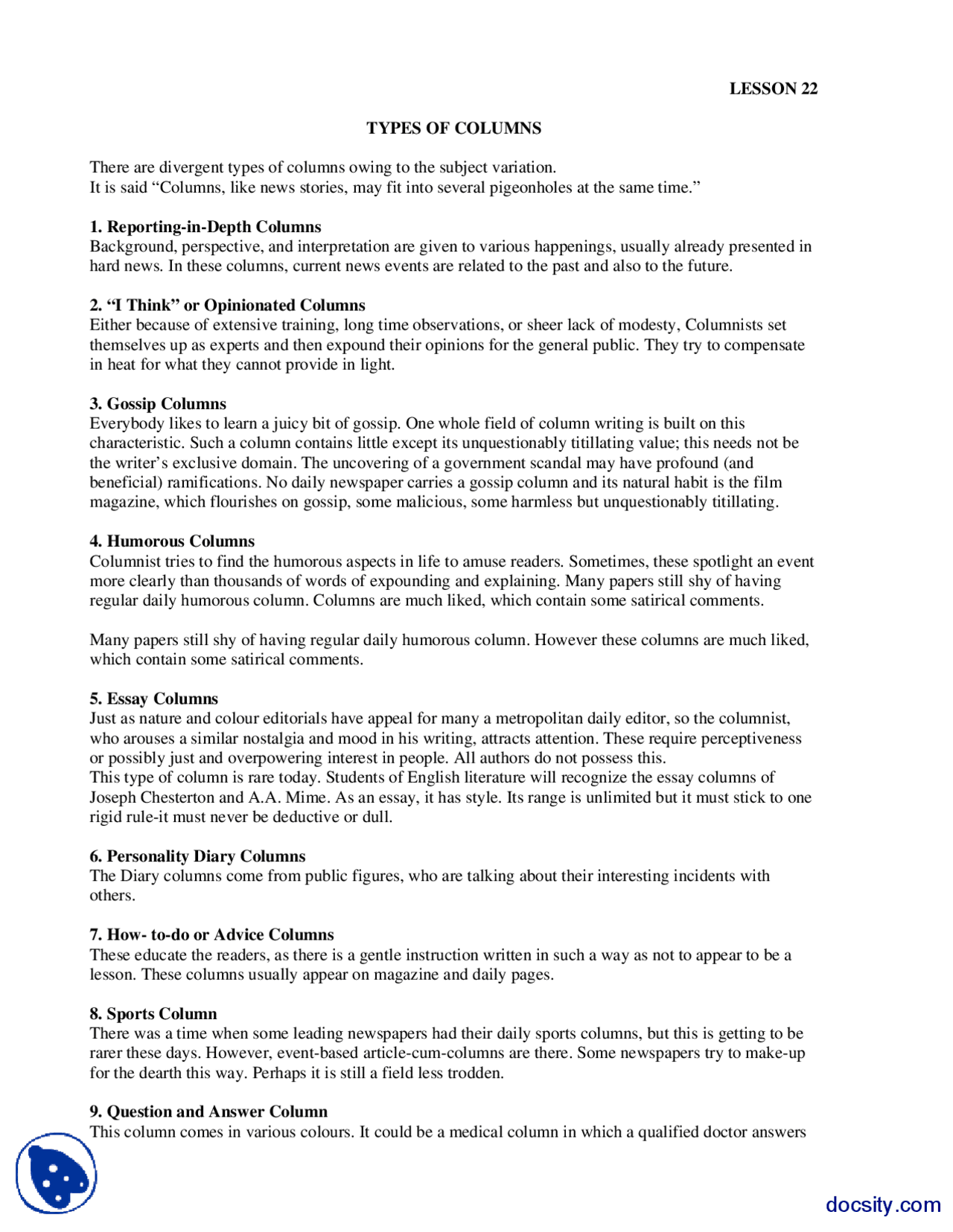Types of Columns-Feature and Coloumn Writing-Lecture Handout - Docsity