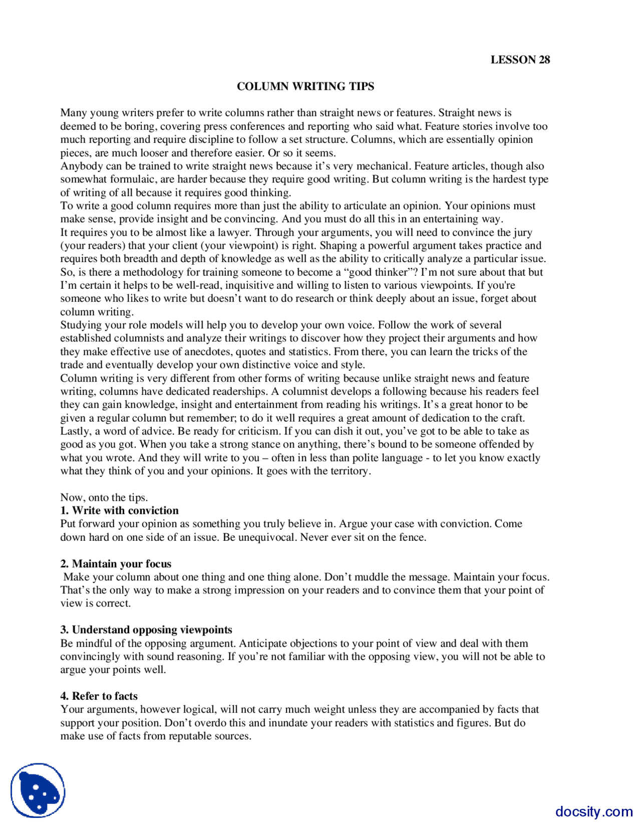 Columns Writing Tips-Feature and Coloumn Writing-Lecture Handout - Docsity