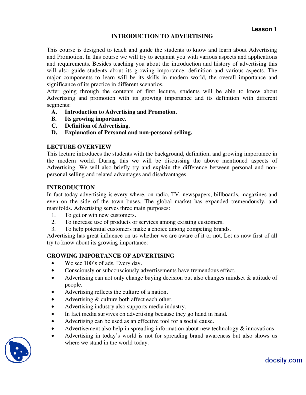 Inroduction Part 1-Advertising and Promotion-Lecture Handout - Docsity